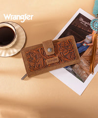 Wrangler bifold wallet in Brown— Synthetic leather with floral tooled pattern and RFID protection