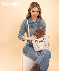 Wrangler bifold wallet in Brown— Synthetic leather with floral tooled pattern and RFID protection