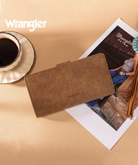 Wrangler bifold wallet in Brown— Synthetic leather with floral tooled pattern and RFID protection