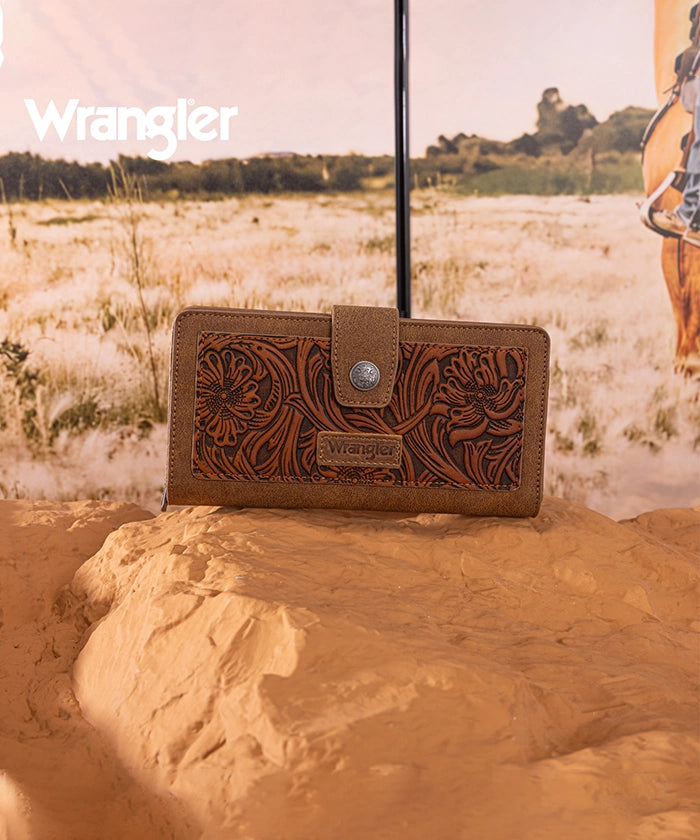 Wrangler bifold wallet in Brown— Synthetic leather with floral tooled pattern and RFID protection