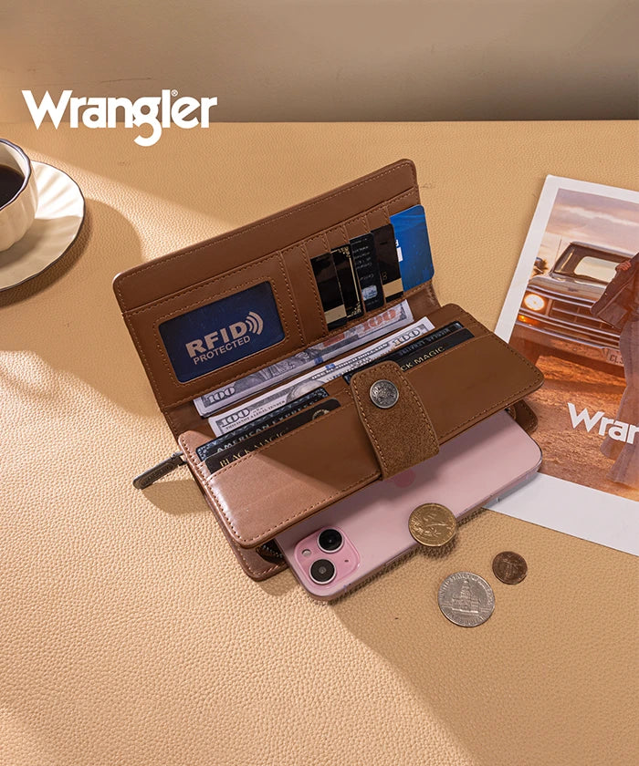 Wrangler bifold wallet in Brown— Synthetic leather with floral tooled pattern and RFID protection