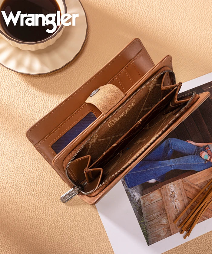 Wrangler bifold wallet in Brown— Synthetic leather with floral tooled pattern and RFID protection