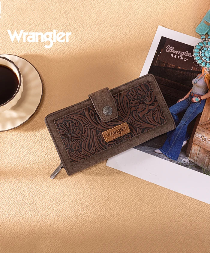 Wrangler bifold wallet in Coffee— Synthetic leather with floral tooled pattern and RFID protection