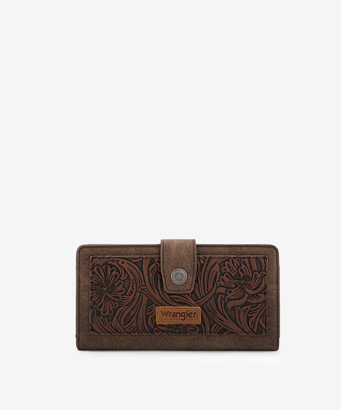 Wrangler bifold wallet in Coffee— Synthetic leather with floral tooled pattern and RFID protection