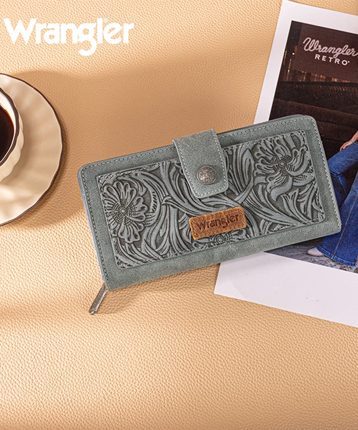 Wrangler bifold wallet in Jean— Synthetic leather with floral tooled pattern and RFID protection