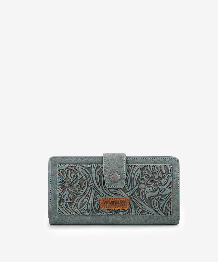 Wrangler bifold wallet in Jean— Synthetic leather with floral tooled pattern and RFID protection