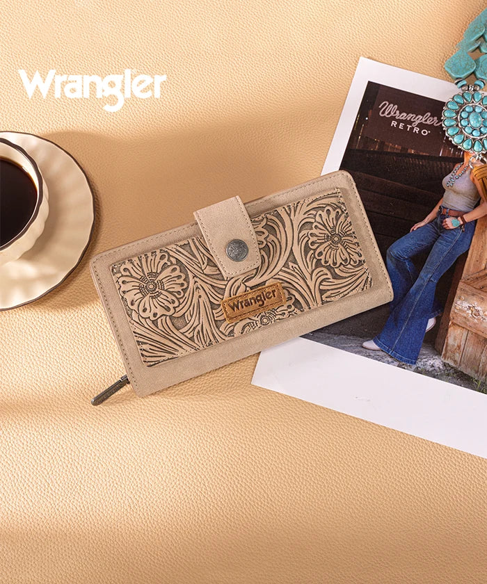 Wrangler bifold wallet in Khaki— Synthetic leather with floral tooled pattern and RFID protection
