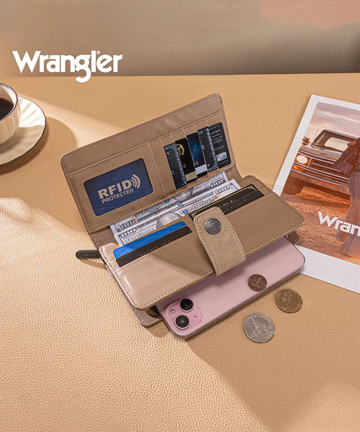 Wrangler bifold wallet in Khaki— Synthetic leather with floral tooled pattern and RFID protection