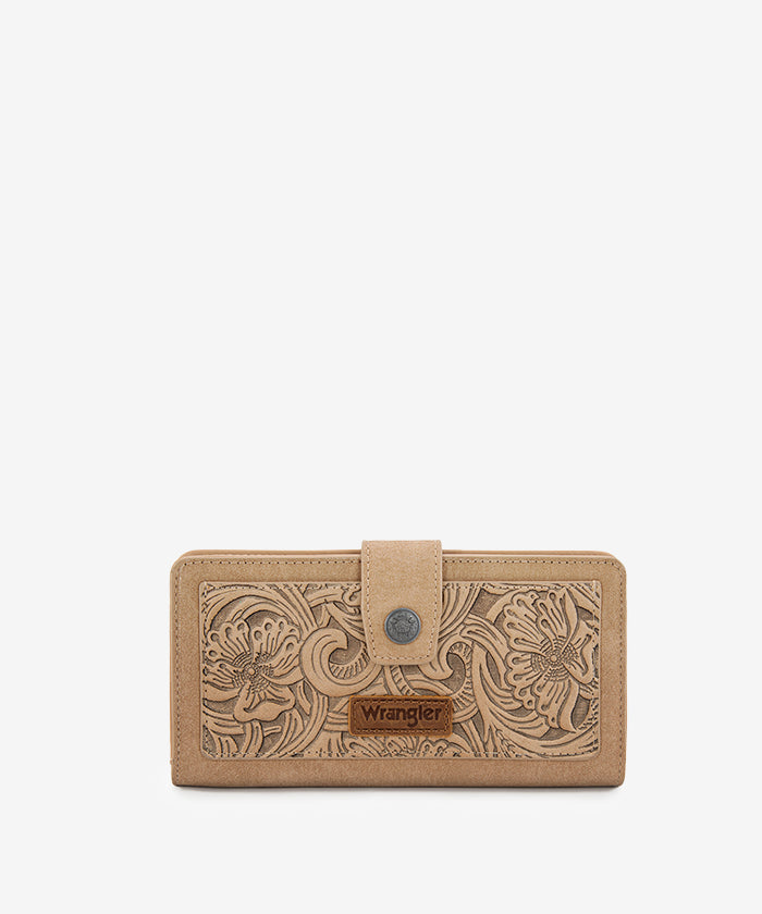 Wrangler bifold wallet in Khaki— Synthetic leather with floral tooled pattern and RFID protection
