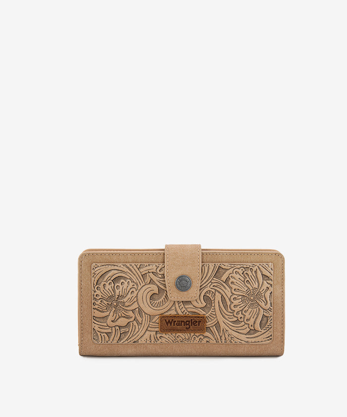 Wrangler bifold wallet in Tan— Synthetic leather with floral tooled pattern and RFID protection