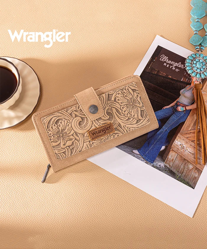 Wrangler bifold wallet in Tan— Synthetic leather with floral tooled pattern and RFID protection