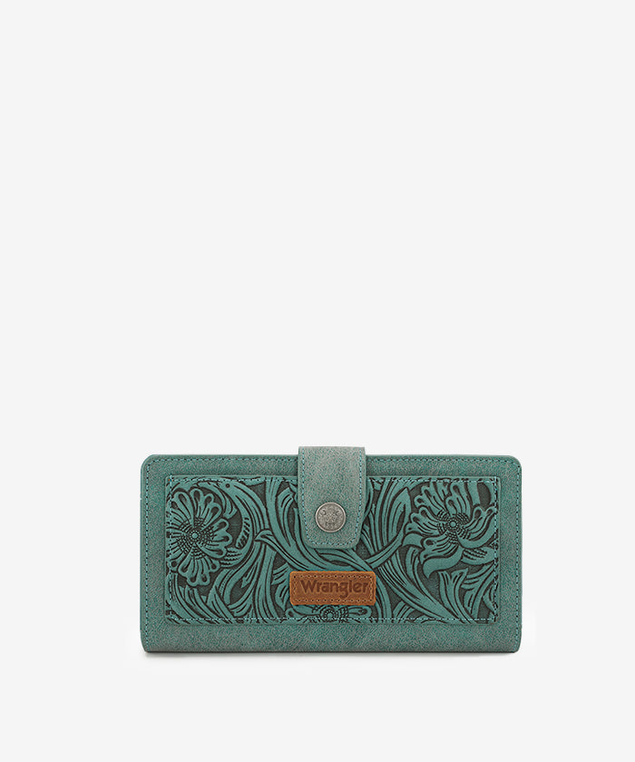 Wrangler bifold wallet in Turquoise— Synthetic leather with floral tooled pattern and RFID protection