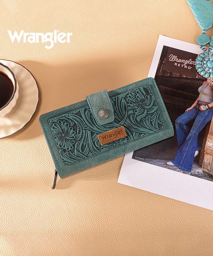 Wrangler bifold wallet in Turquoise— Synthetic leather with floral tooled pattern and RFID protection