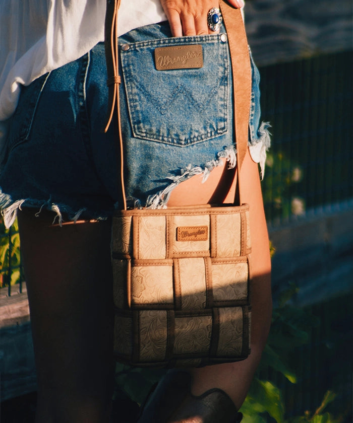 Wrangler Woven Tooled Grid Panel Crossbody Bag