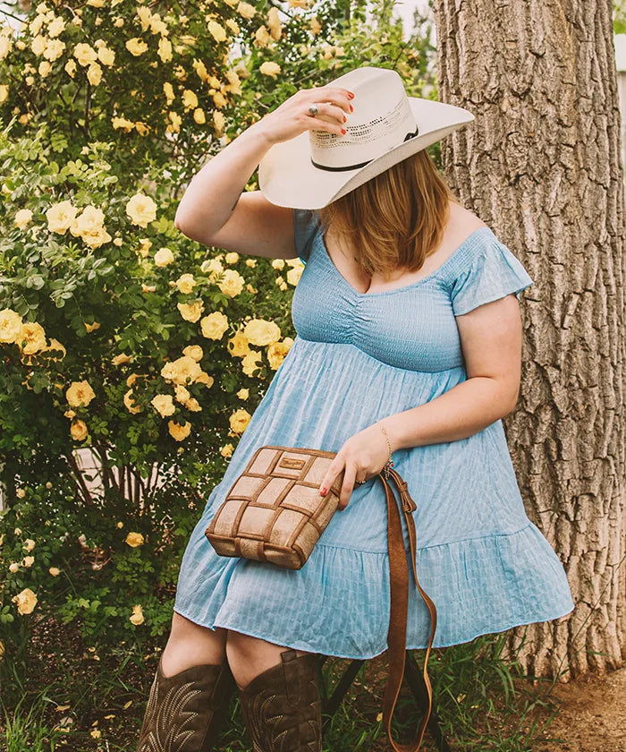 Wrangler Woven Tooled Grid Panel Crossbody Bag-Country Glam Outfits