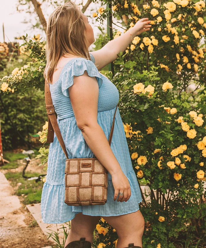 Wrangler Woven Tooled Grid Panel Crossbody Bag-Country Glam Outfits