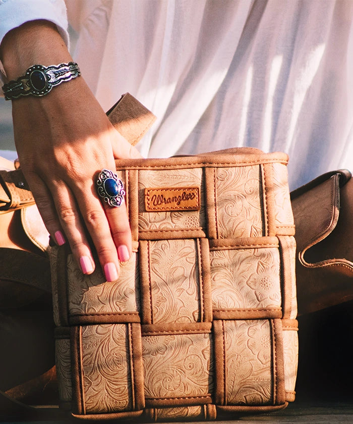 Wrangler Woven Tooled Grid Panel Crossbody Bag