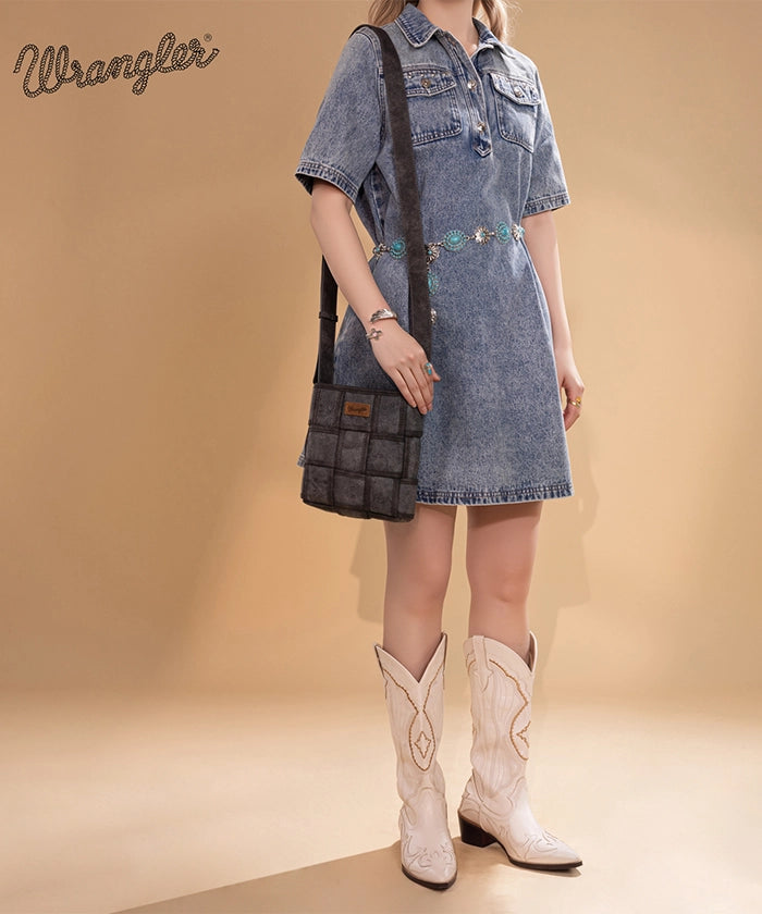 Wrangler Woven Tooled Grid Panel Crossbody Bag