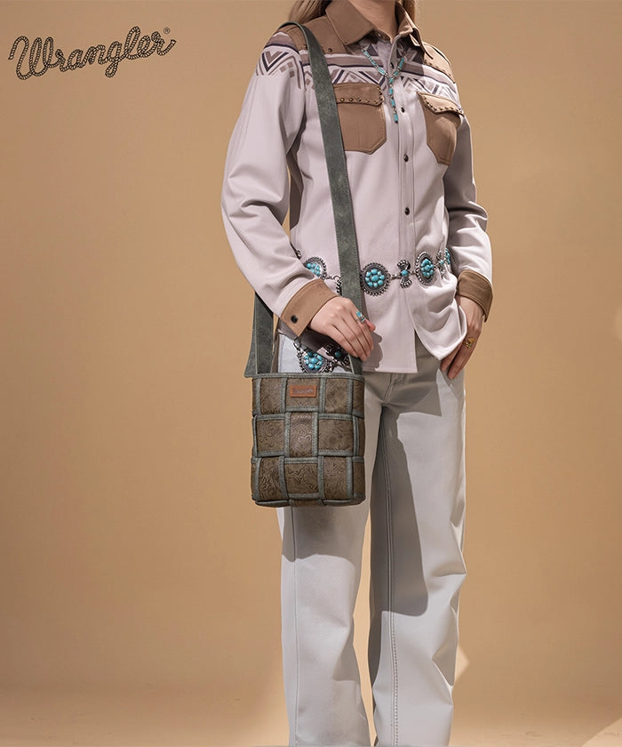 Wrangler Woven Tooled Grid Panel Crossbody Bag