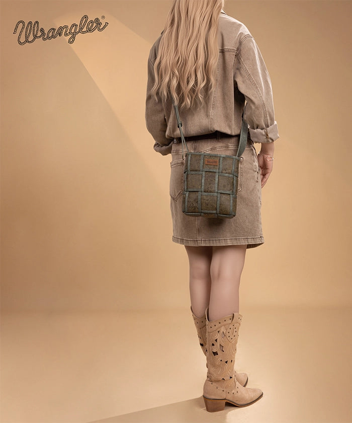 Wrangler Woven Tooled Grid Panel Crossbody Bag