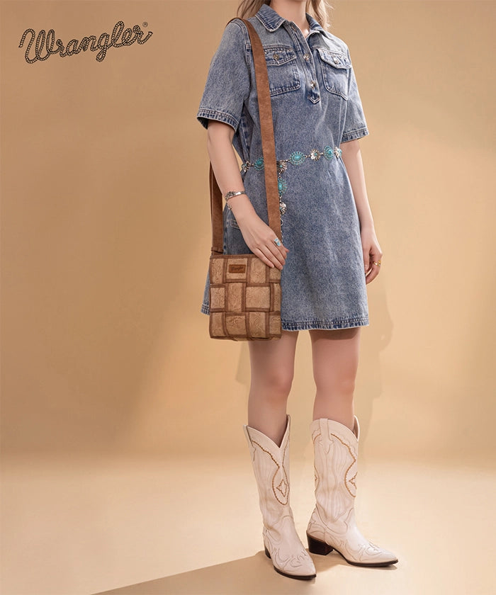 Wrangler Woven Tooled Grid Panel Crossbody Bag
