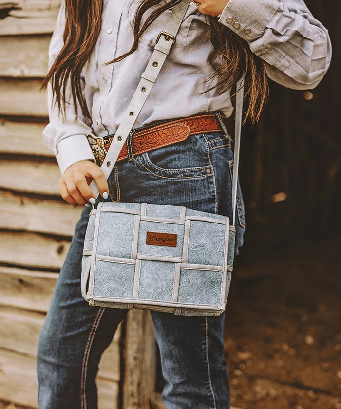 Wrangler Woven Tooled Grid Panel Flap Crossbody Bag - Montana West Wrangler Woven Tooled Grid Panel Flap Crossbody Bag - Montana West