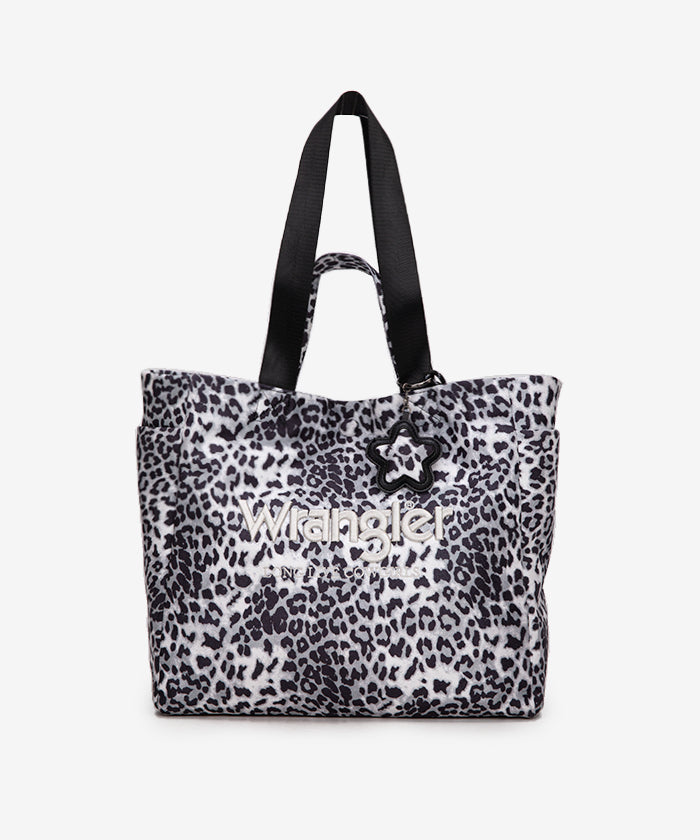 Wrangler leopard print tote bag in Black — canvas with drawstring detail and Western logo  
