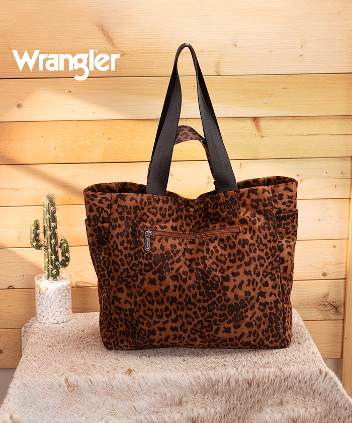Wrangler leopard print tote bag in Brown — canvas with drawstring detail and Western logo  