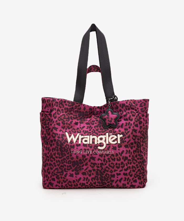 Wrangler leopard print tote bag in Purple — canvas with drawstring detail and Western logo  