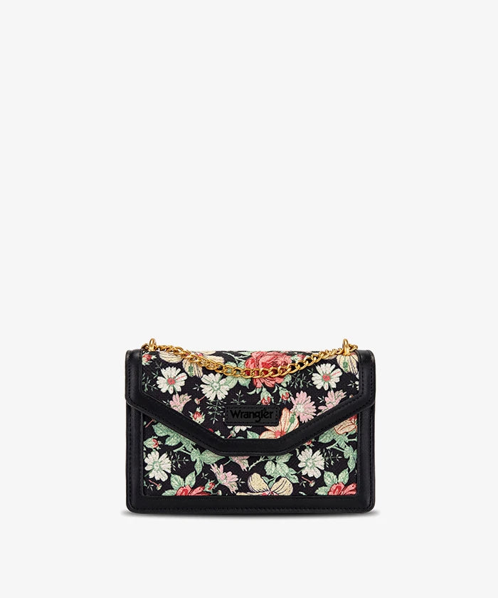 Wrangler Floral Print Chain Crossbody Bag in Black