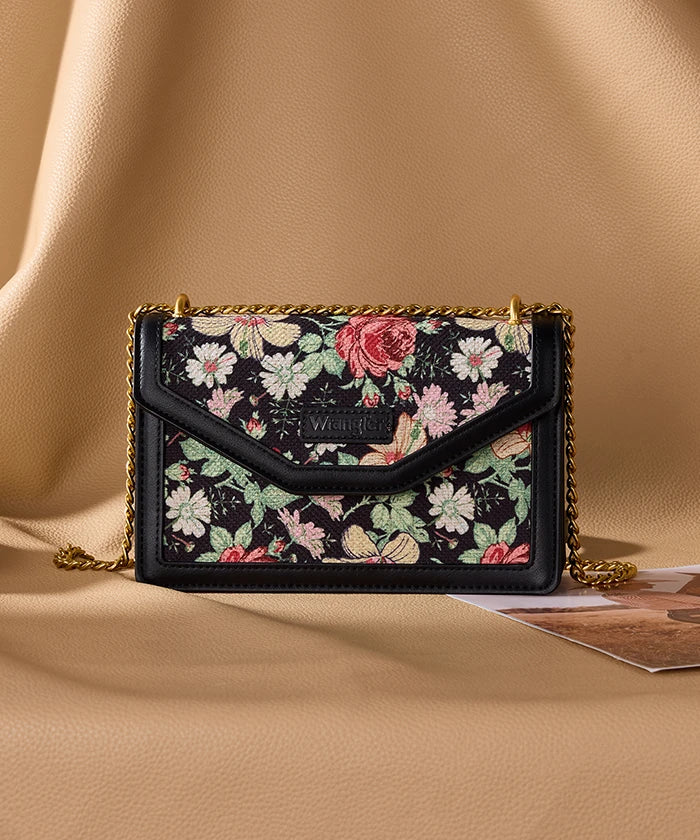 Wrangler Floral Print Chain Crossbody Bag in Black