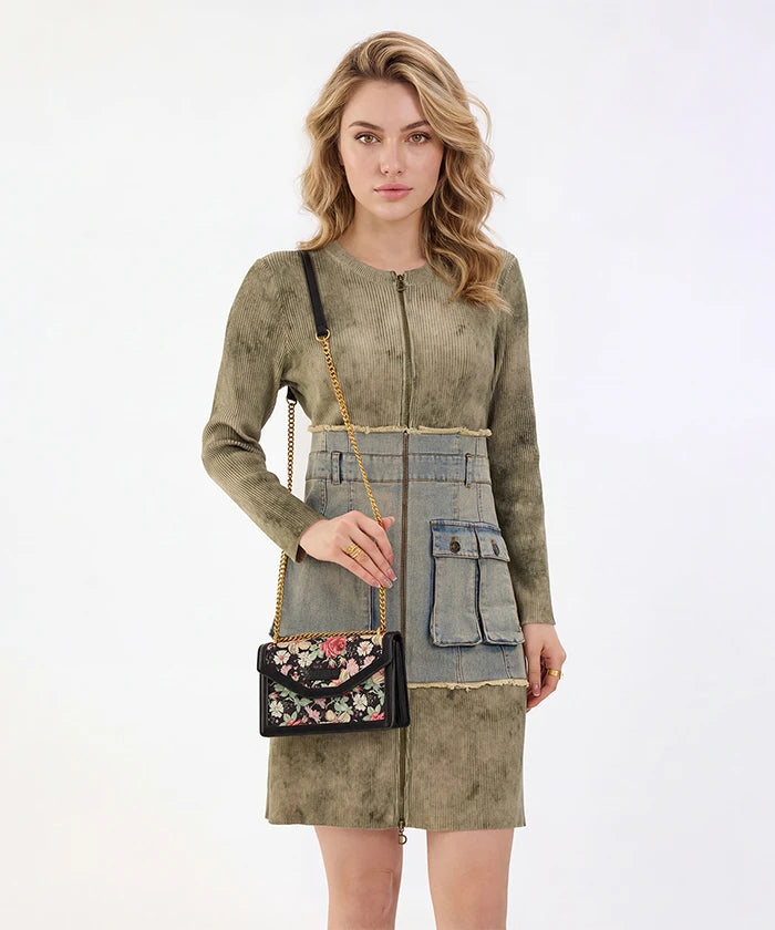 Wrangler Floral Print Chain Crossbody Bag in Black
