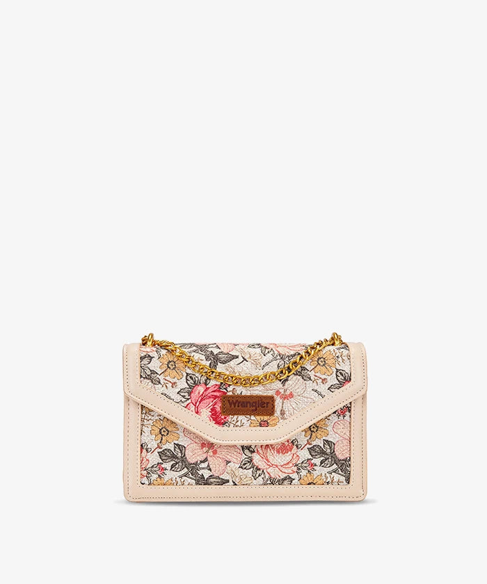 Wrangler Floral Print Chain Crossbody Bag in Tan