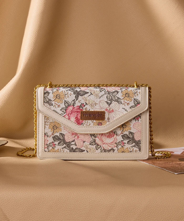 Wrangler Floral Print Chain Crossbody Bag in Tan