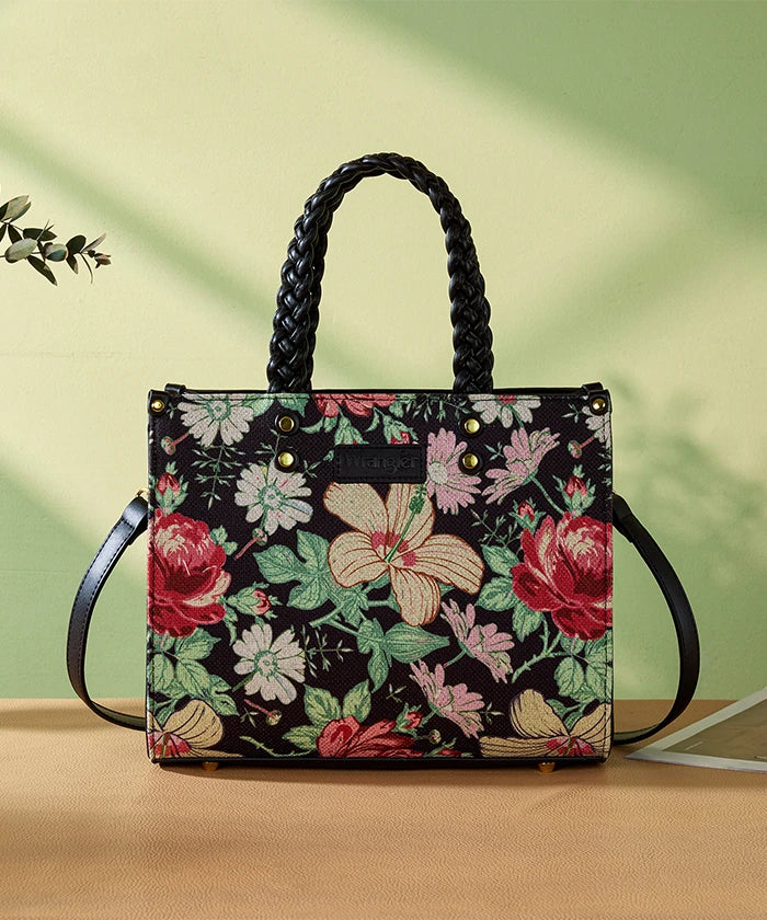 Wrangler Floral Print Braided Handle Tote Bag in Black