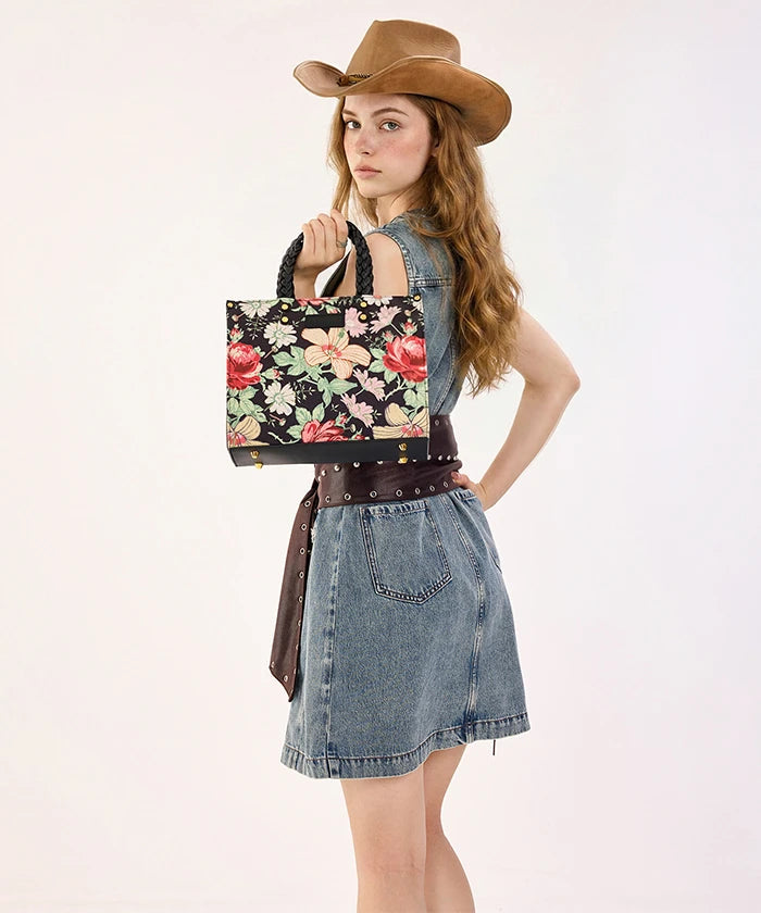 Wrangler Floral Print Braided Handle Tote Bag in Black