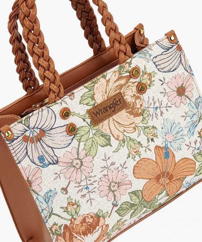 Wrangler Floral Print Braided Handle Tote Bag in Brown