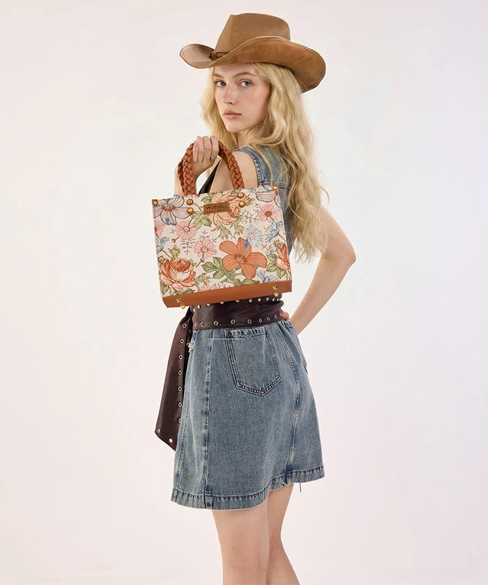 Wrangler Floral Print Braided Handle Tote Bag in Brown