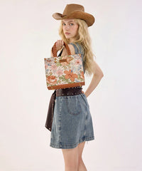 Wrangler Floral Print Braided Handle Tote Bag in Brown