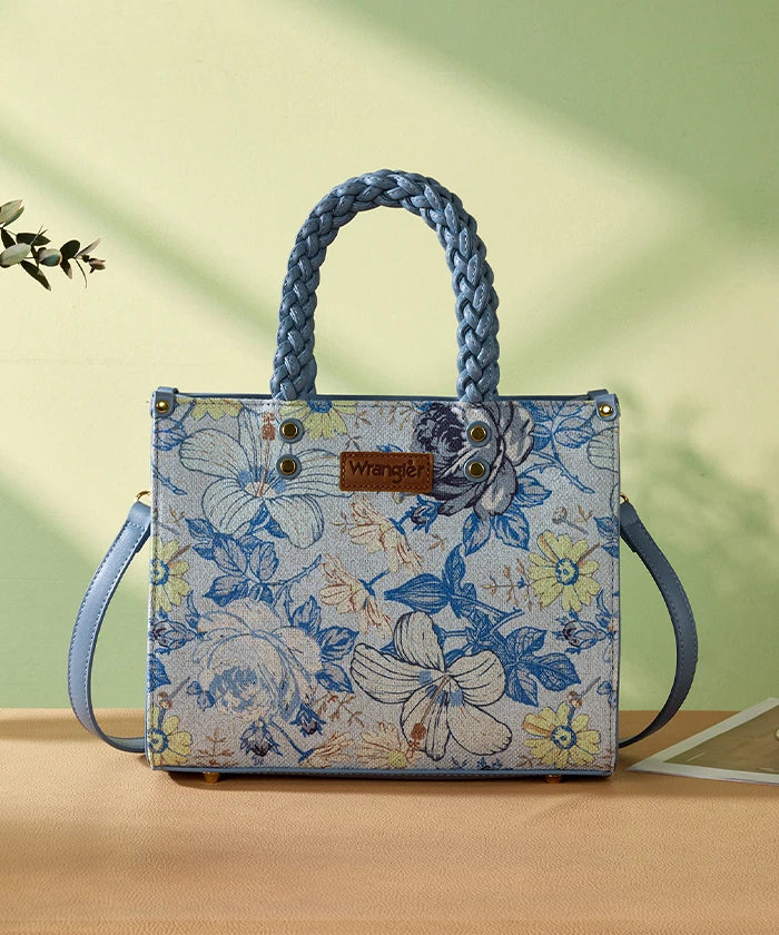 Wrangler Floral Print Braided Handle Tote Bag in Jean