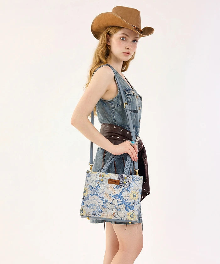 Wrangler Floral Print Braided Handle Tote Bag in Jean