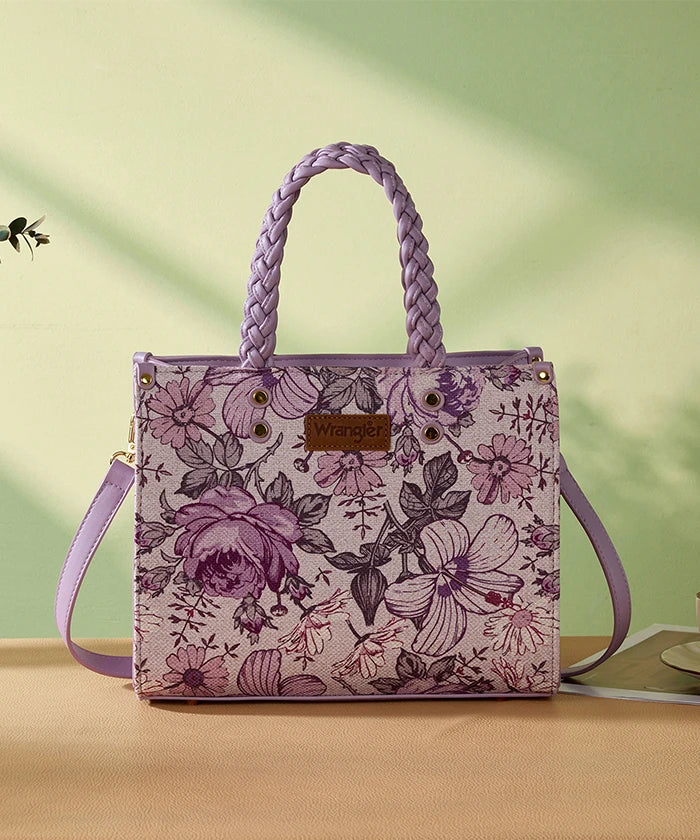 Wrangler Floral Print Braided Handle Tote Bag in Light Purple/Pink