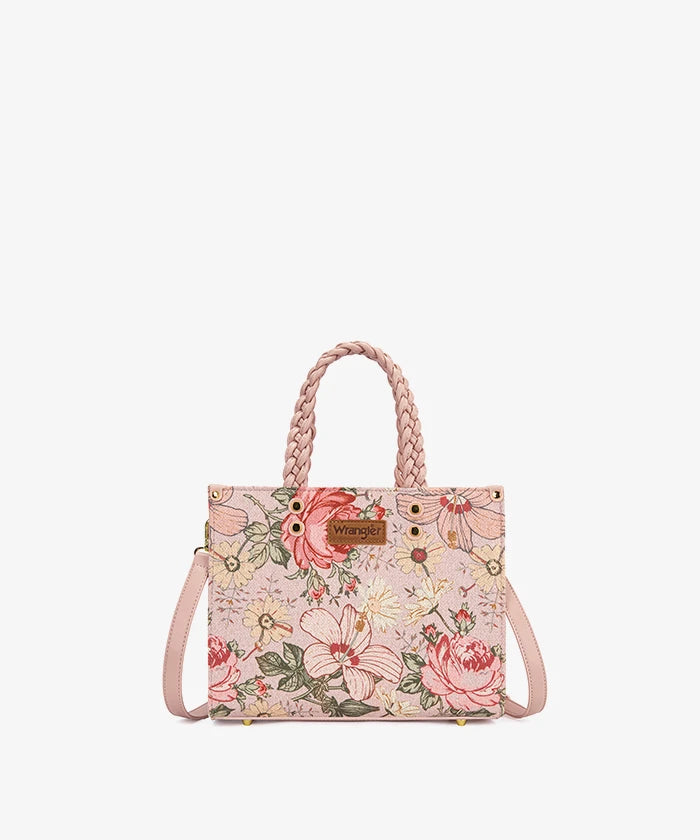 Wrangler Floral Print Braided Handle Tote Bag in Pink