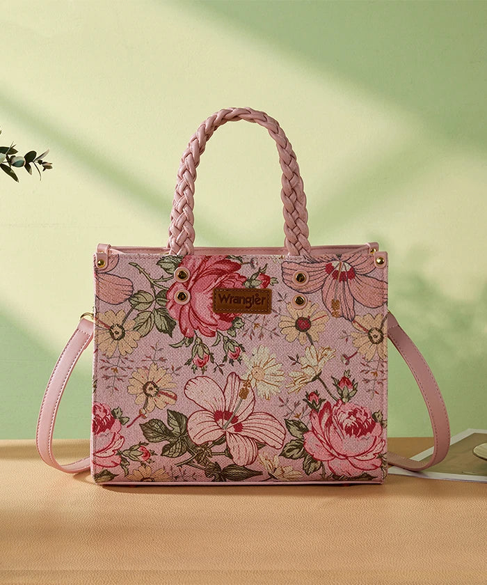 Wrangler Floral Print Braided Handle Tote Bag in Pink