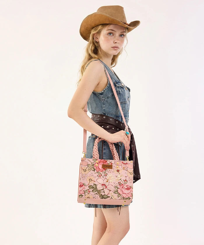 Wrangler Floral Print Braided Handle Tote Bag in Pink