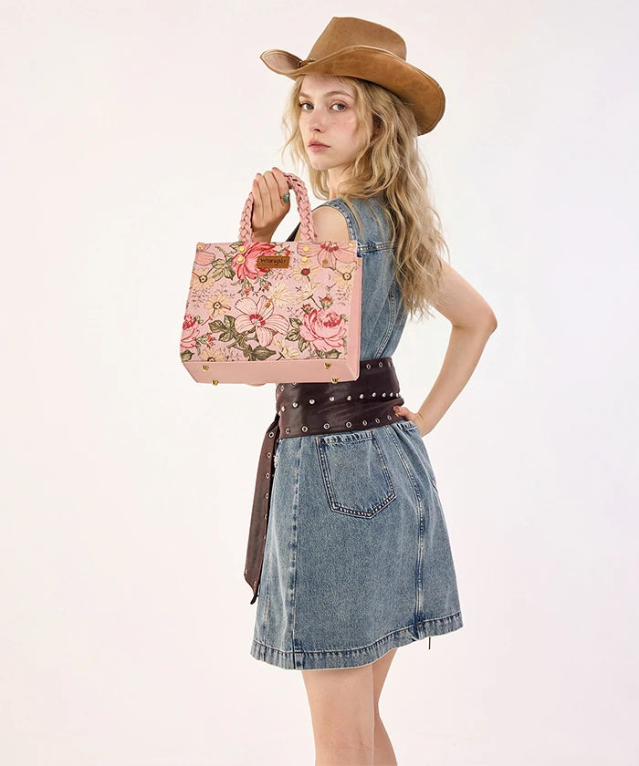 Wrangler Floral Print Braided Handle Tote Bag in Pink