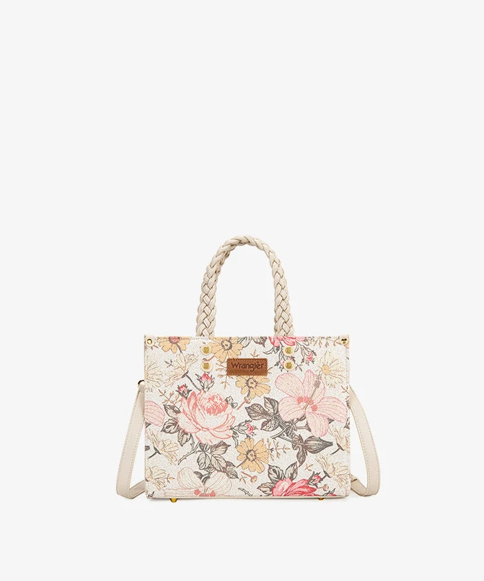 Wrangler Floral Print Braided Handle Tote Bag in Tan