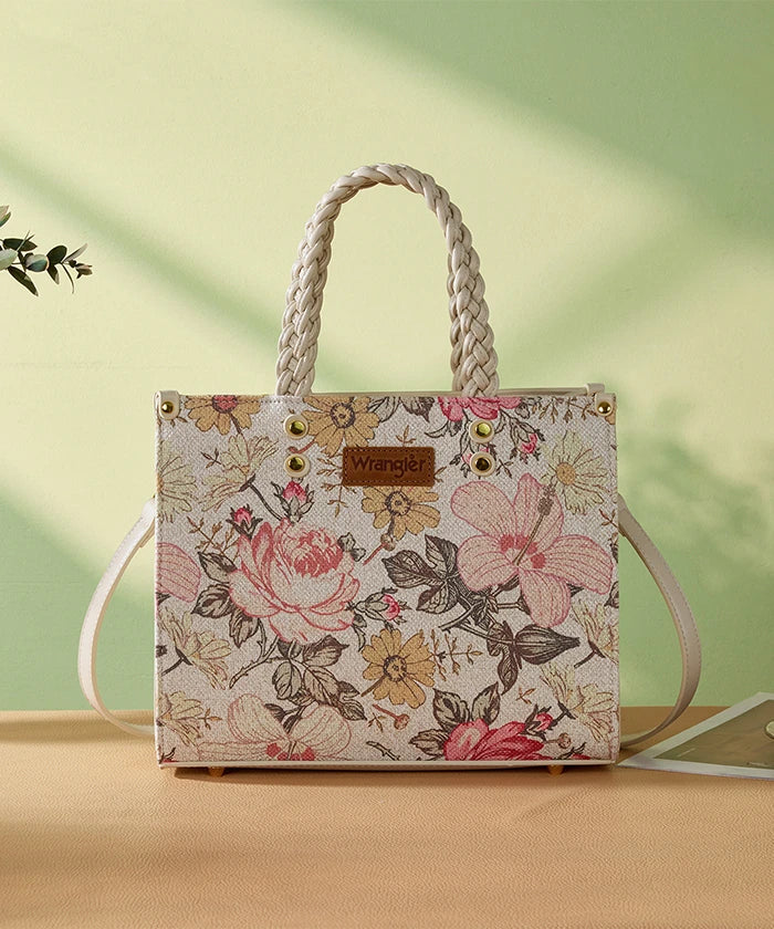 Wrangler Floral Print Braided Handle Tote Bag in Tan