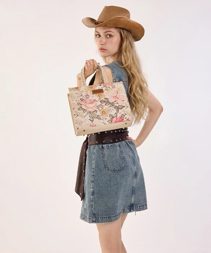 Wrangler Floral Print Braided Handle Tote Bag in Tan
