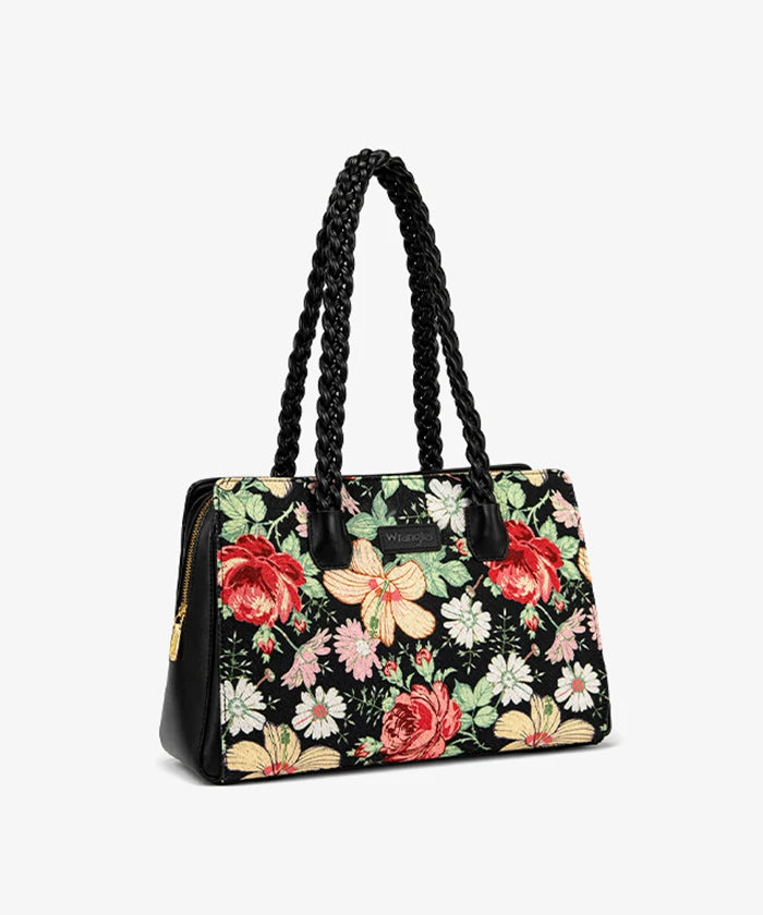 Wrangler Floral Print Braided Satchel Tote Bag in Black